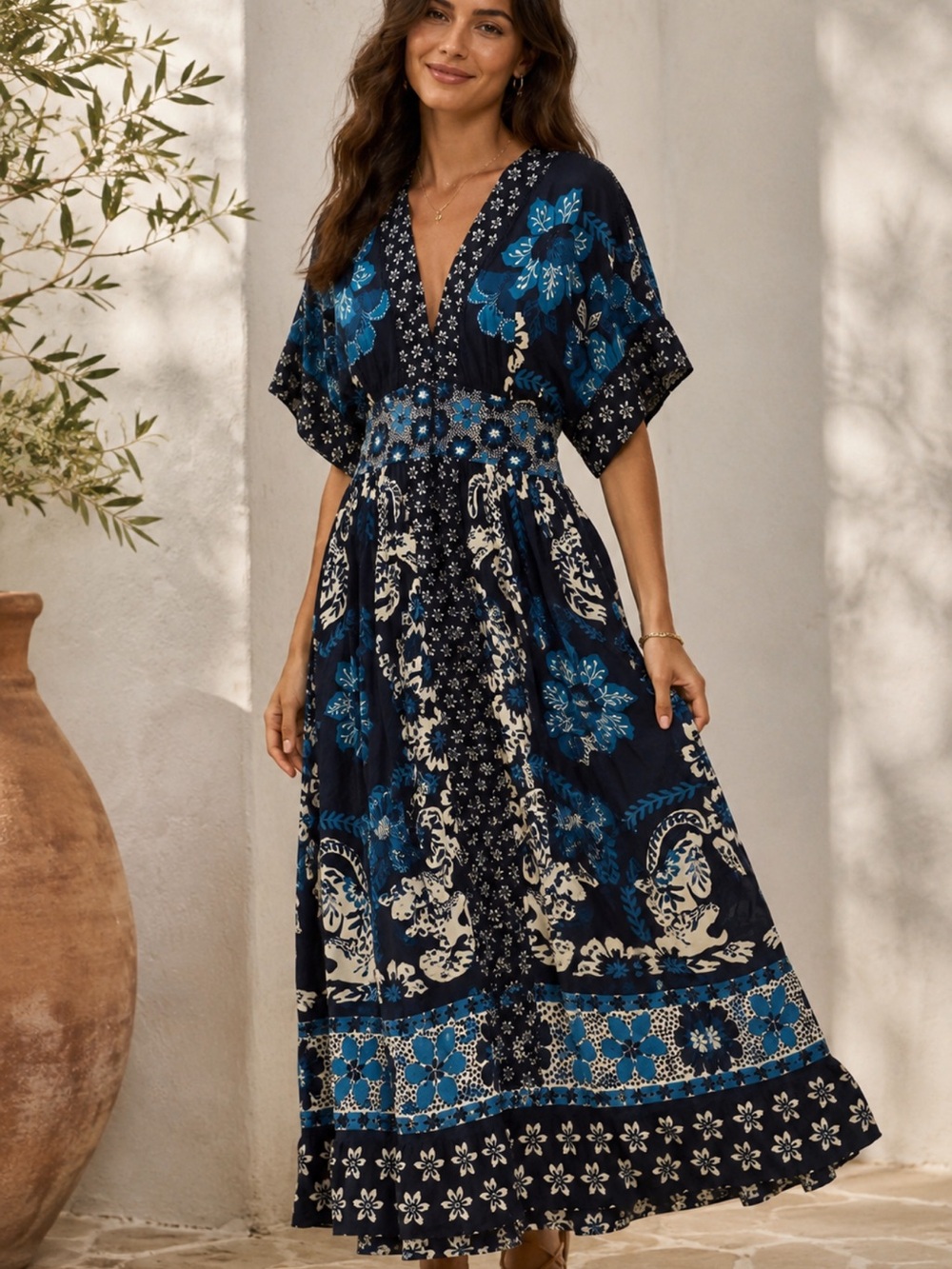 FARM Rio Anthropologie Deep V Blue Floral Kimono Sleeve Maxi Dress S